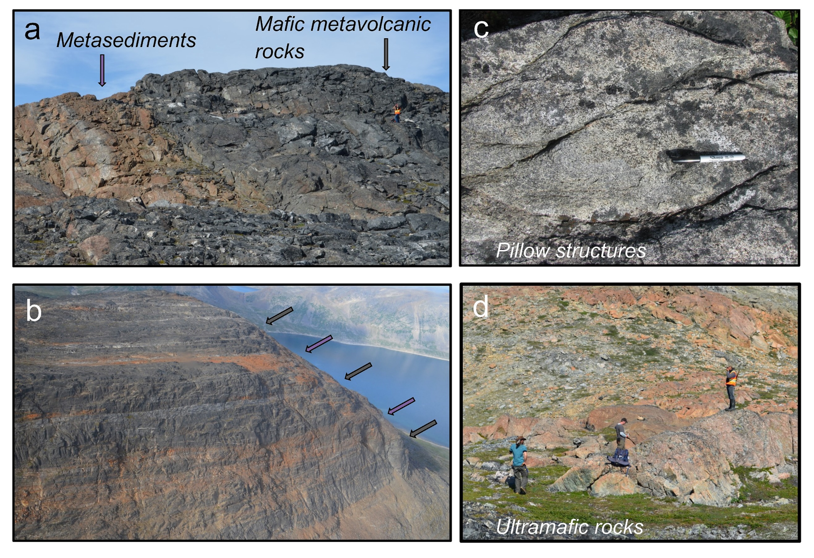 Field photographs showing metavolcanic rocks, metasediments, pillow structures, and ultramafic rocks.