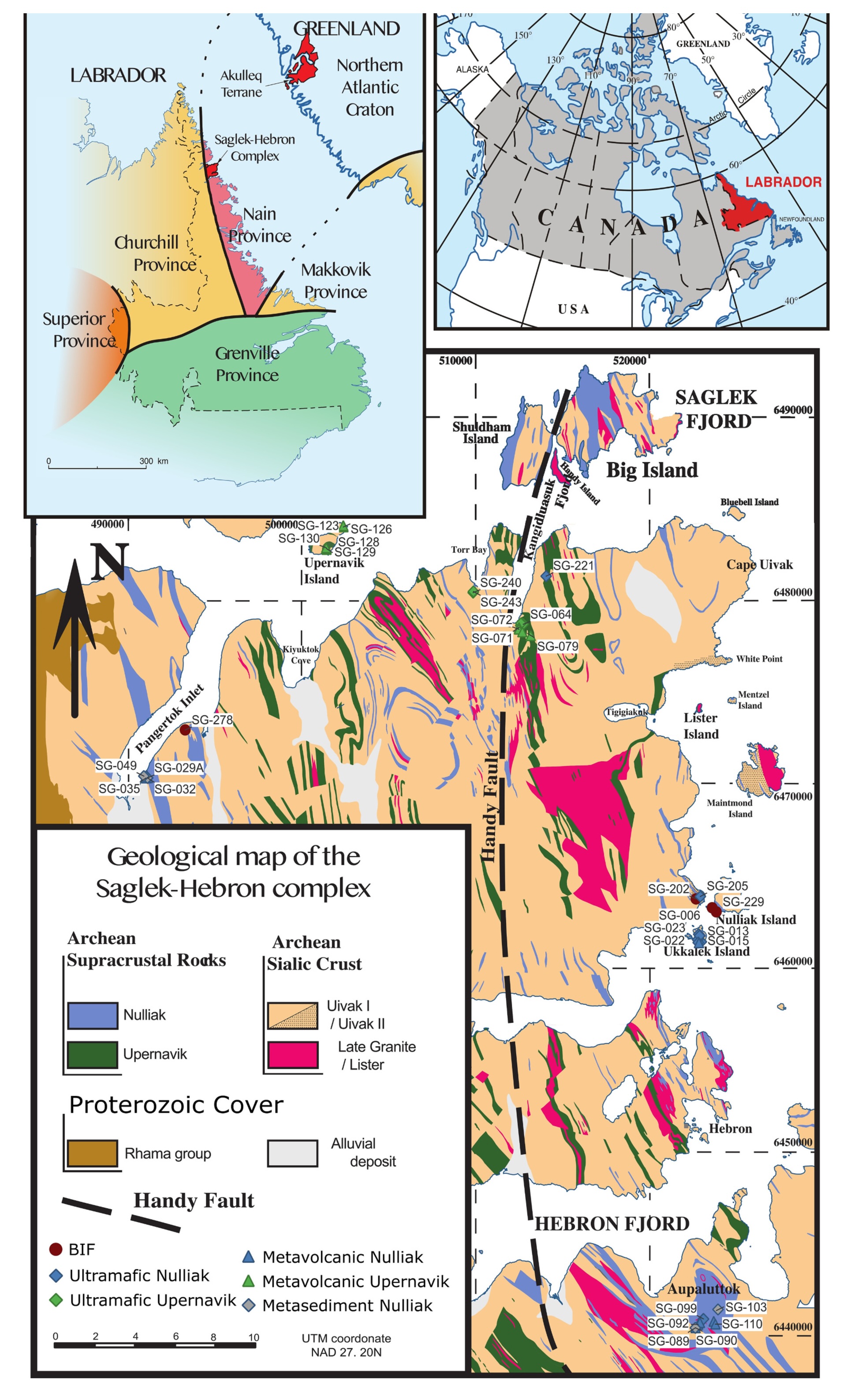 Geological map of the Saglek-Hebron Complex in northern Labrador.